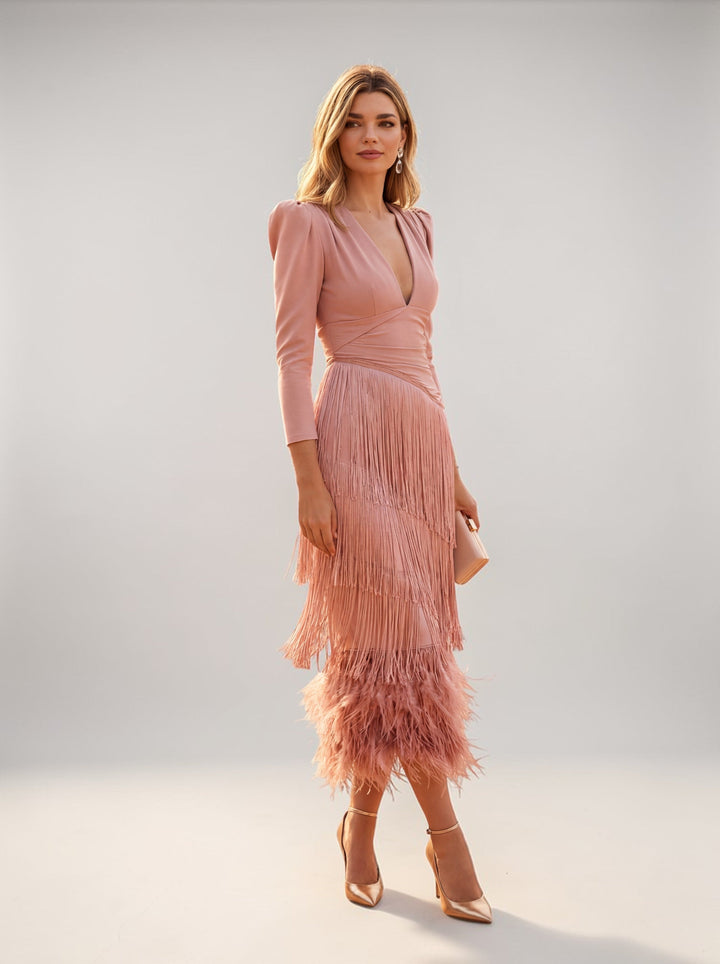 Elegant V-neck midi gown for women, featuring stunning tiered fringe. Ideal for formal evenings.