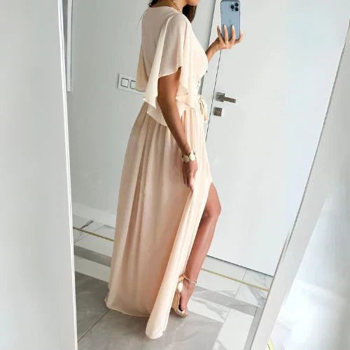 Versatile women's V-neck summer maxi dress with elegant bell sleeves; a comfortable and stylish option.