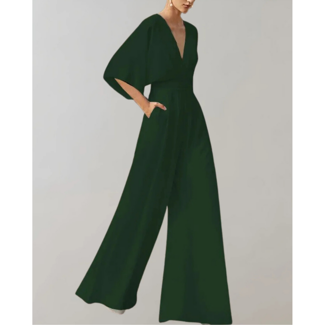 Beautiful V-neck wide leg jumpsuit for women. Elegant flowy one-piece design, great for formal events & evening wear.