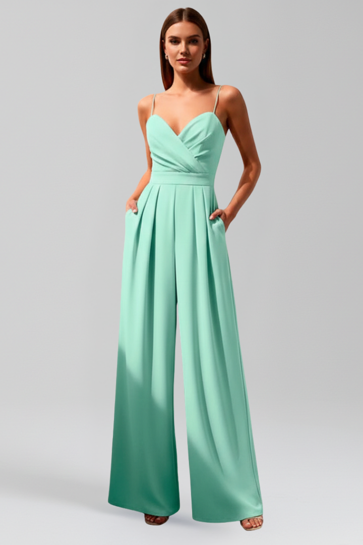 Stylish women's wide leg V-neck jumpsuit. Perfect for elegant summer outings & casual comfort.