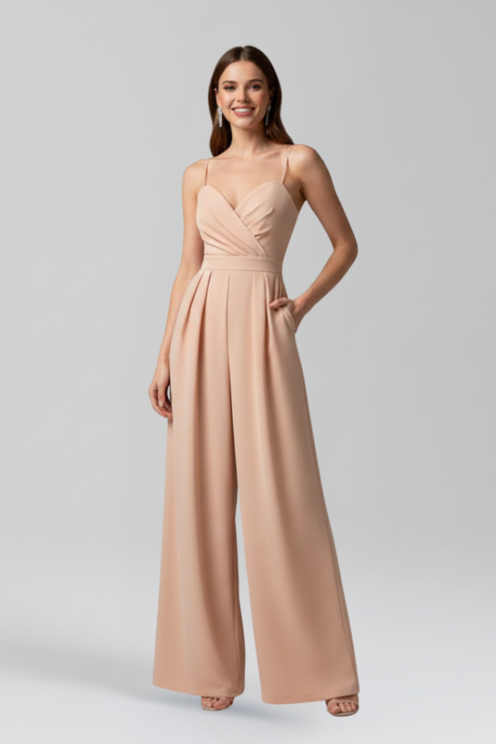 Women's elegant V-neck wide leg jumpsuit. Sleeveless summer fashion in black, green or pink.