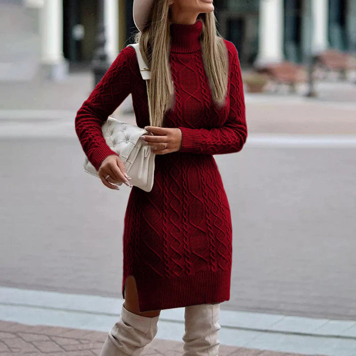 Elegant women's white turtleneck knitted midi dress, long sleeve, perfect for winter fashion 2024