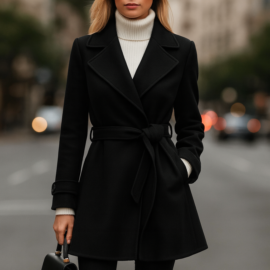 Stylish women's longline wool-blend coat featuring a cinching belt and sophisticated contrast piping