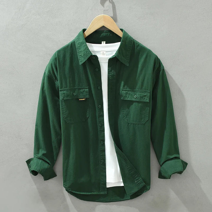 Emerald green women's relaxed fit button-down shirt, long sleeve, casual utility style