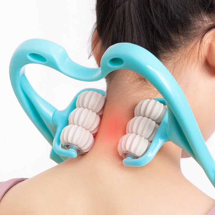 Ergonomic neck and back relief massager for pain and stress relief, white.