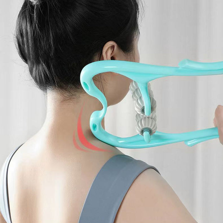 User enjoying the neck and back relief massager, showcasing comfortable fit.
