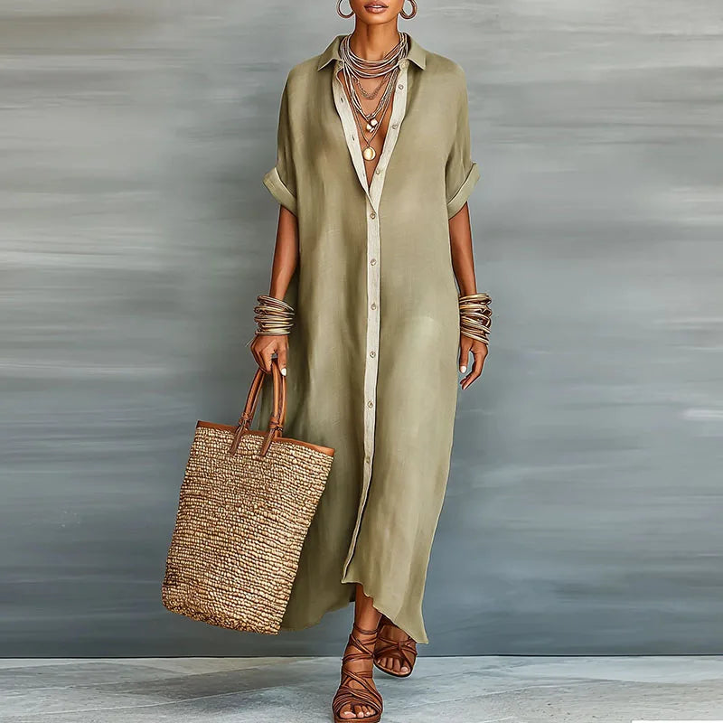Evelina women's button down maxi shirt dress for casual elegance. Long, relaxed fit summer day dress.