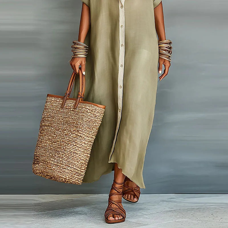 Green Evelina button down maxi shirt dress, a chic collared day dress with a relaxed fit for women.