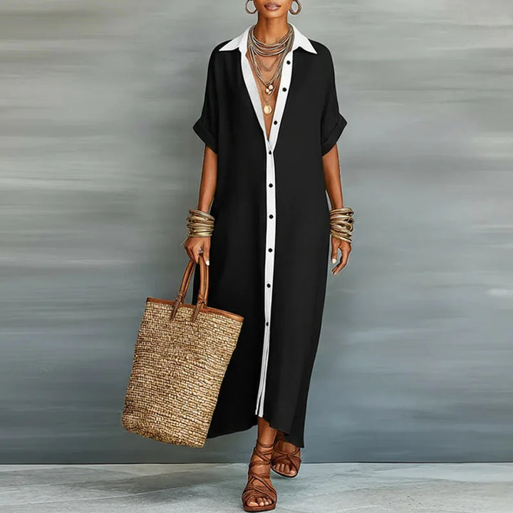 Light blue Evelina women's long button down maxi shirt dress. Summer-ready casual elegance with a relaxed fit.