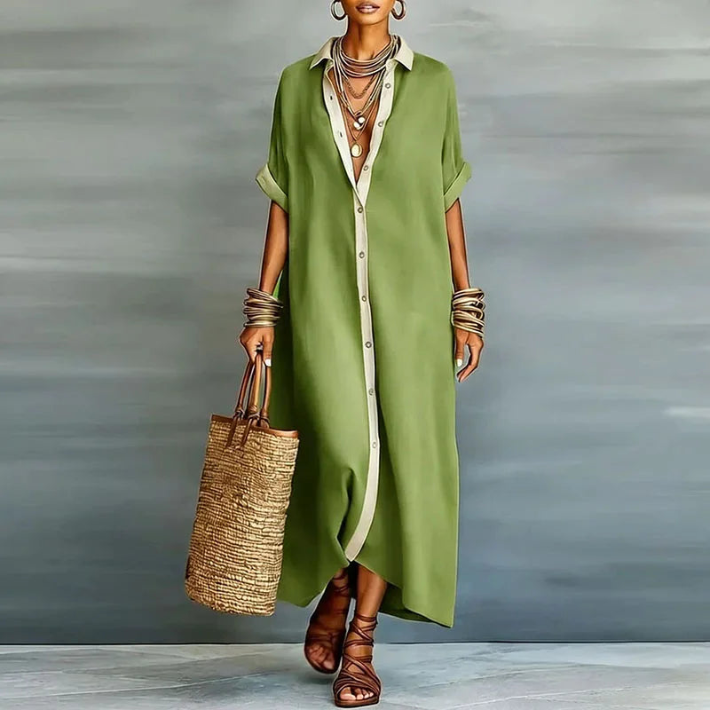 Pink Evelina collared button down maxi shirt dress. Relaxed fit women's summer dress for effortless style.