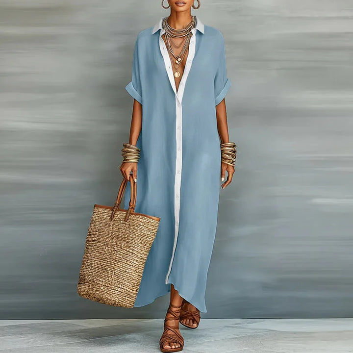 Stylish women's button down maxi shirt dress by Evelina. A versatile, long collared dress for summer comfort.