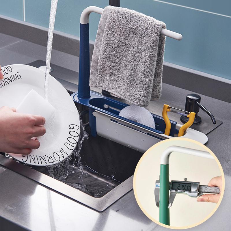 Kitchen sink caddy with removable basket, extendable design, perfect for sponge & soap storage