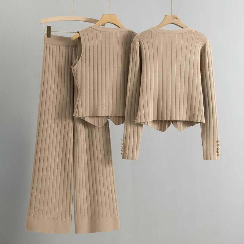 Women's Knitted Lounge Set with Cardigan, Vest & Wide-Leg Trousers