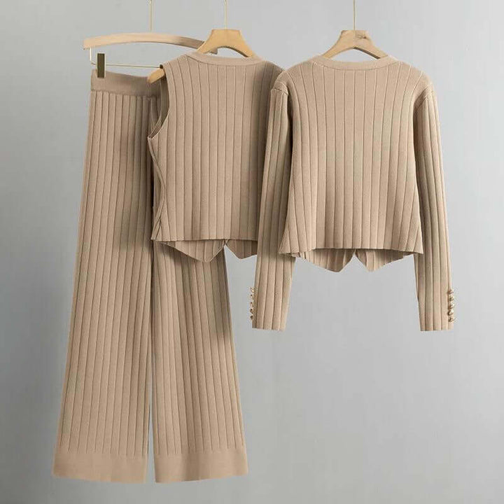 Women's Knitted Lounge Set with Cardigan, Vest & Wide-Leg Trousers