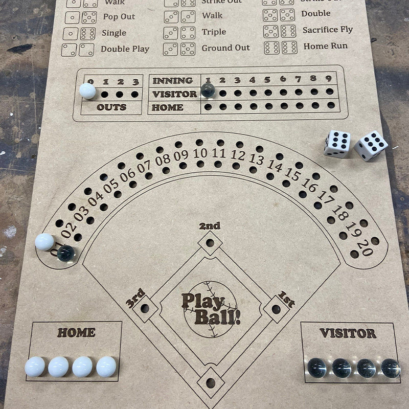 Close-up of Family Baseball Dice Board Game, shows clear game board and engraved details