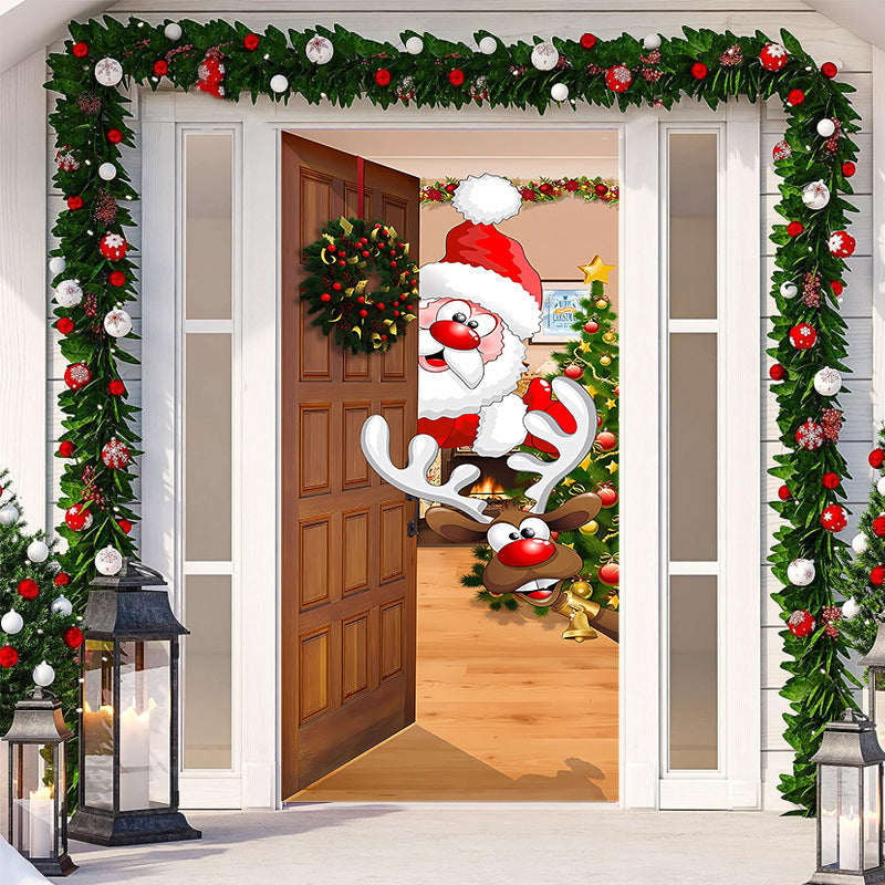 Christmas bells and holly outdoor fabric door cover, classic holiday elements.