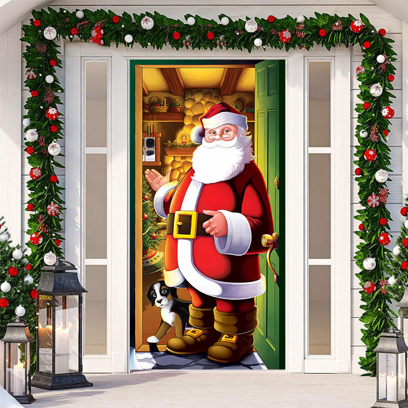 Outdoor fabric door cover displaying a gift-filled sleigh, generous Christmas spirit.