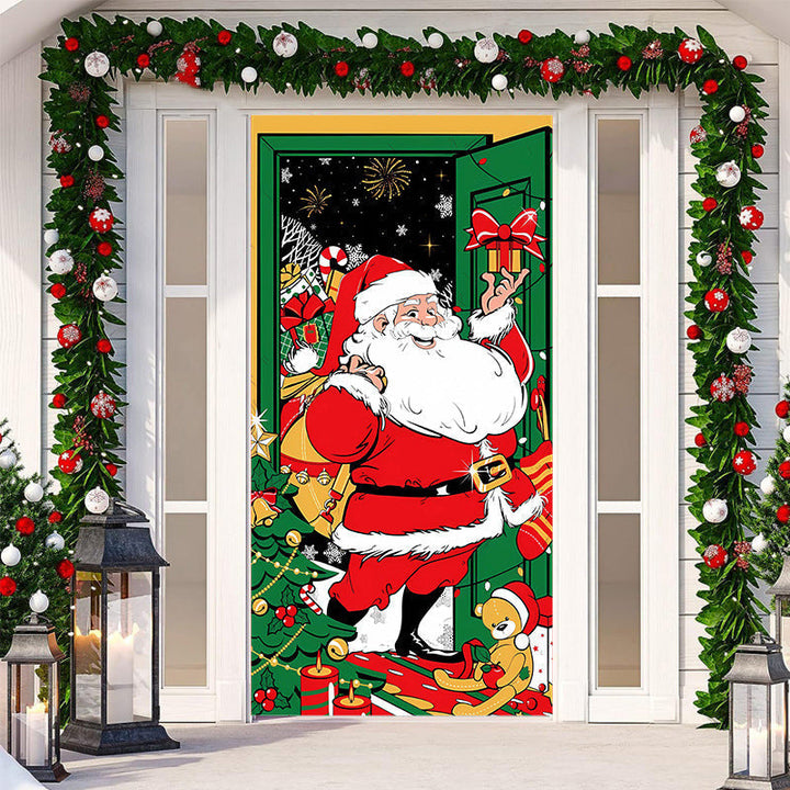 Festive snowman wearing a scarf outdoor door cover, delightful winter holiday decoration.