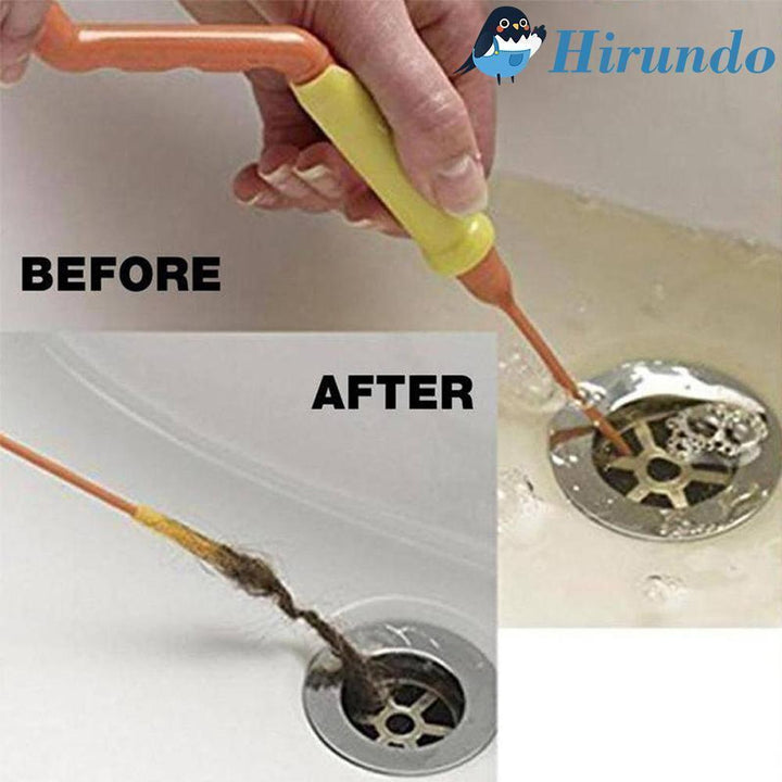 Detailed view of the drain cleaner tool's hooks, grabbing a bundle of simulated hair clog