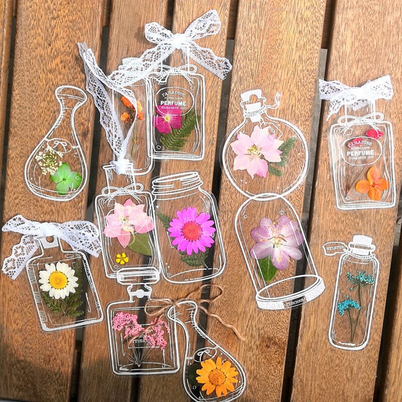 Floral transparent bookmarks set with real pressed flowers, reading accessory gift
