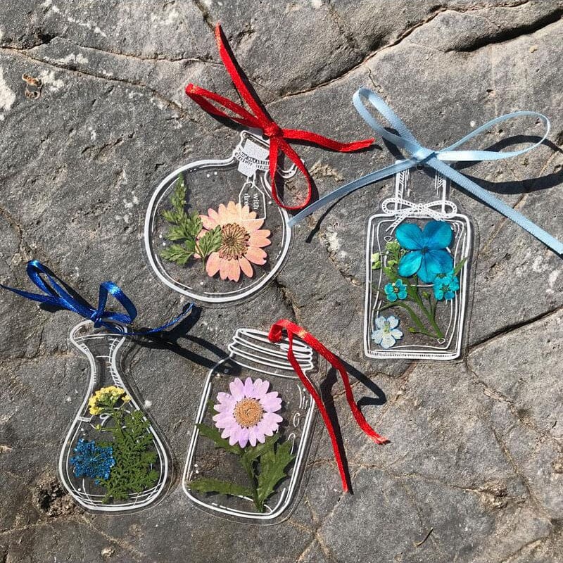 Set of plant-themed clear bookmarks with assorted dried flowers, unique gift idea