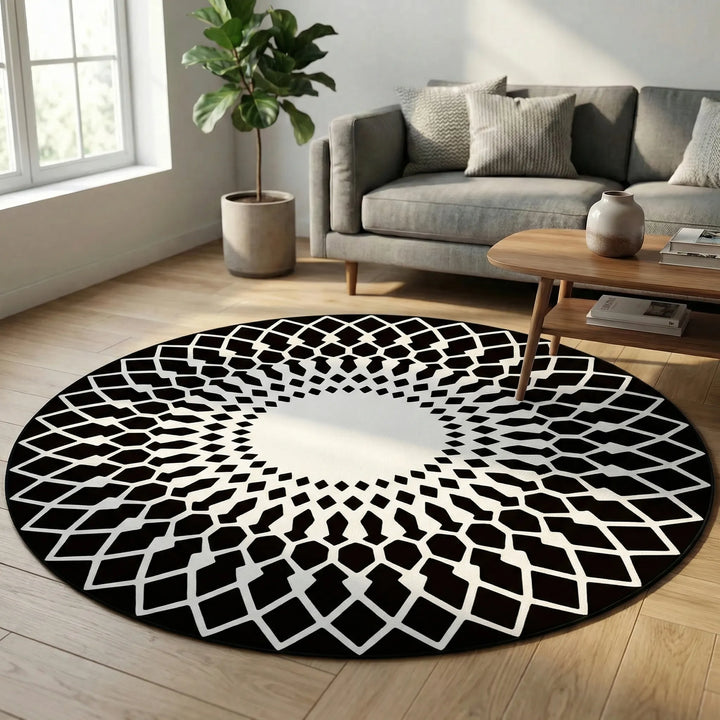 Soft modern round geometric area rug with Flowique wave pattern. Ideal washable floor decor for any room.
