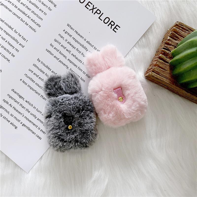 Unisex grey fluffy earbud case, shockproof accessory, protective cover for earphones