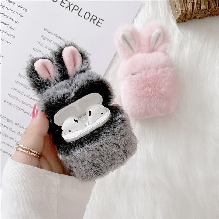 Pink cruelty-free fluffy earbud case, protective cover with keychain for wireless earbuds