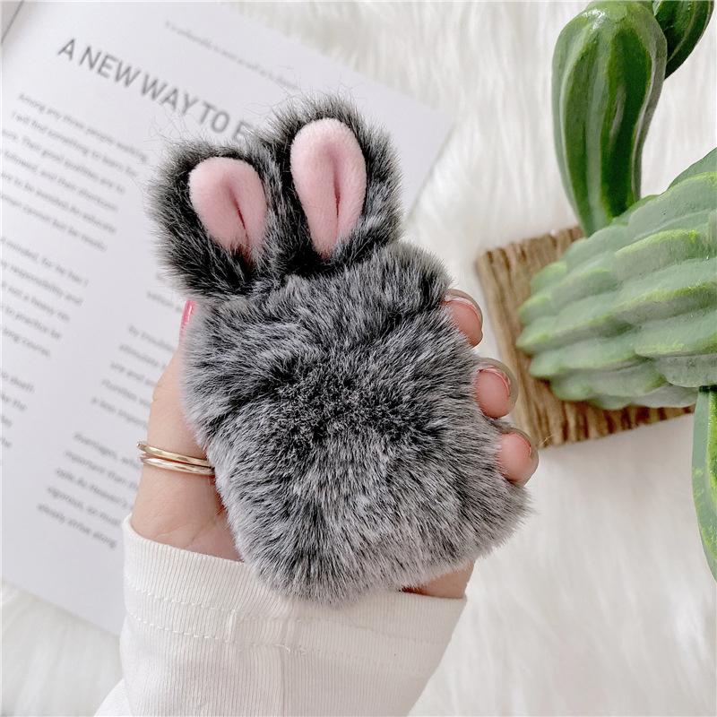 Grey earbud case with included keychain, shockproof and fluffy protective cover