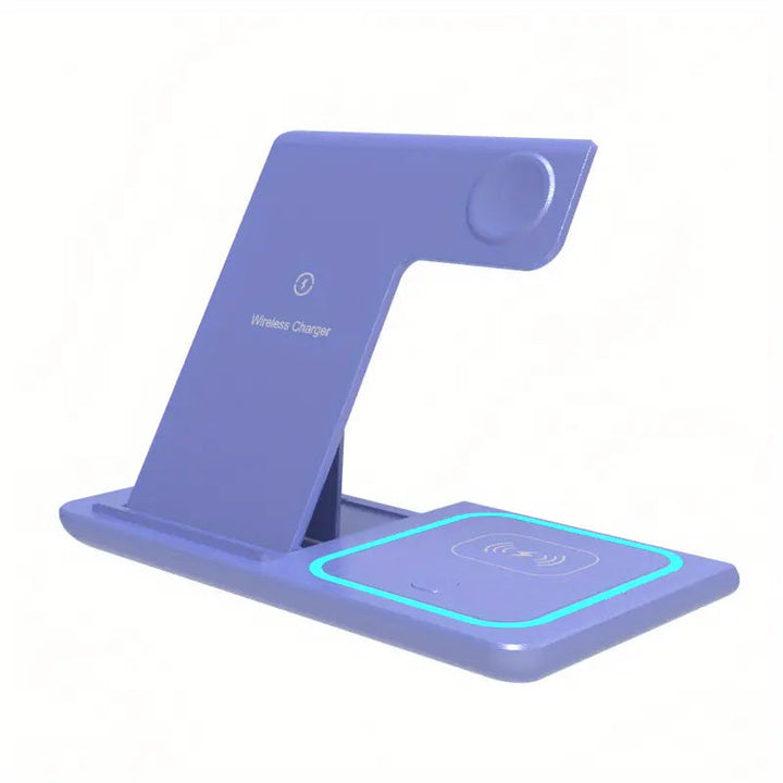 Diagram showing how a smartphone, smartwatch, and earbuds connect to the 3-in-1 charging station