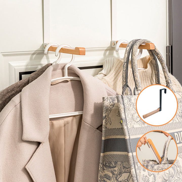 Set of two foldable over-the-door hooks with wood accents and black metal, storage solution.