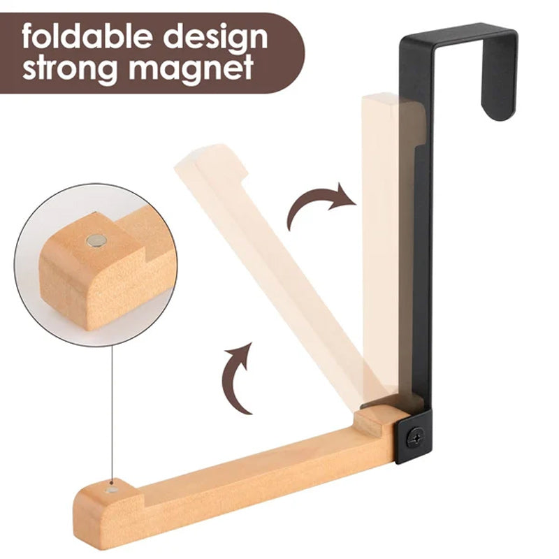 Wooden and metal foldable door hooks organized on a white door, enhancing home organization.