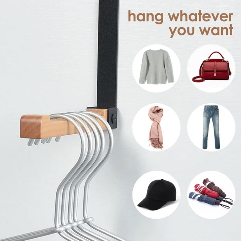 Multiple foldable over-the-door hooks made of wood and metal, a versatile storage solution.