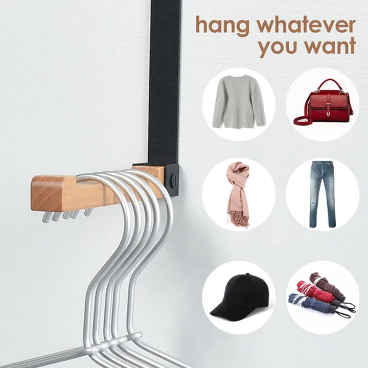 Multiple foldable over-the-door hooks made of wood and metal, a versatile storage solution.