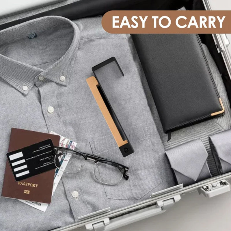 Folded over-the-door hook, showcasing its compact wood and metal design for easy storage.