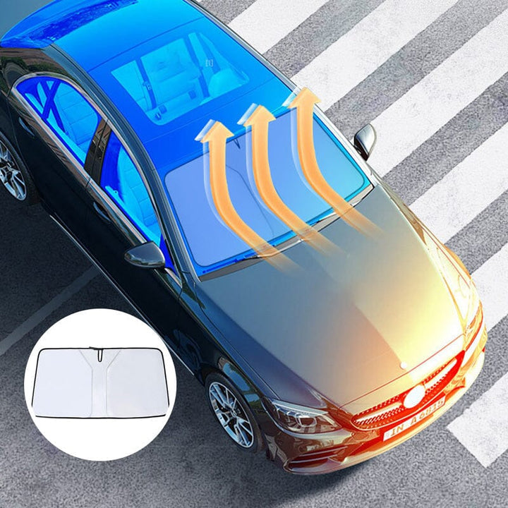Foldable universal car windshield sunshade with steering wheel cover, UV protection, black finish