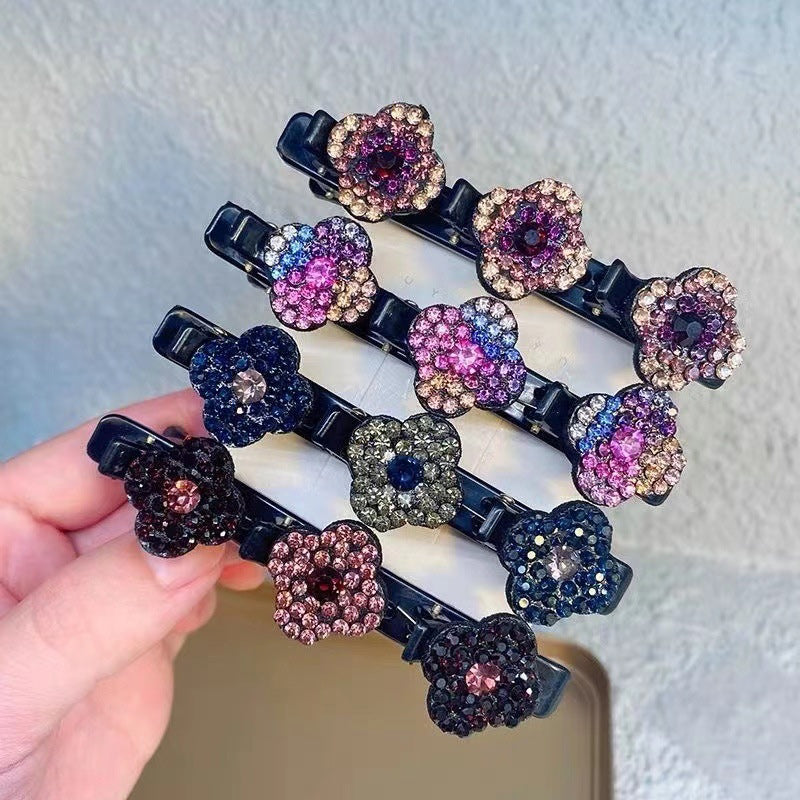 Close-up of a sparkling crystal braided hair clip, a chic hair accessory gift