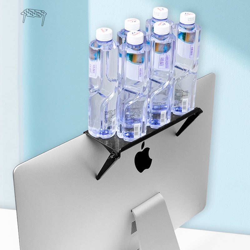 Monitor Top Shelf Desk Organizer in black, integrated seamlessly with a computer monitor for extra storage.
