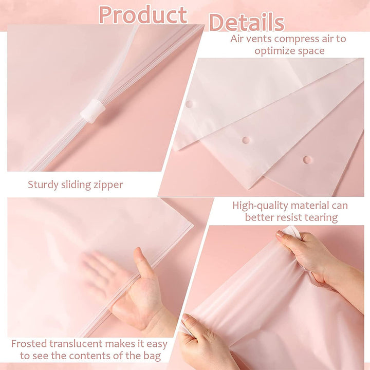 Reusable frosted storage bags with secure zip lock for garments & accessories.