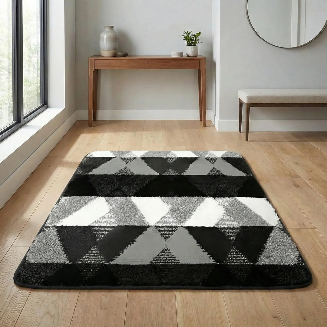 Modern geometric non-slip floor mat with wavy design. Great for entry, mudroom, kitchen, and home.