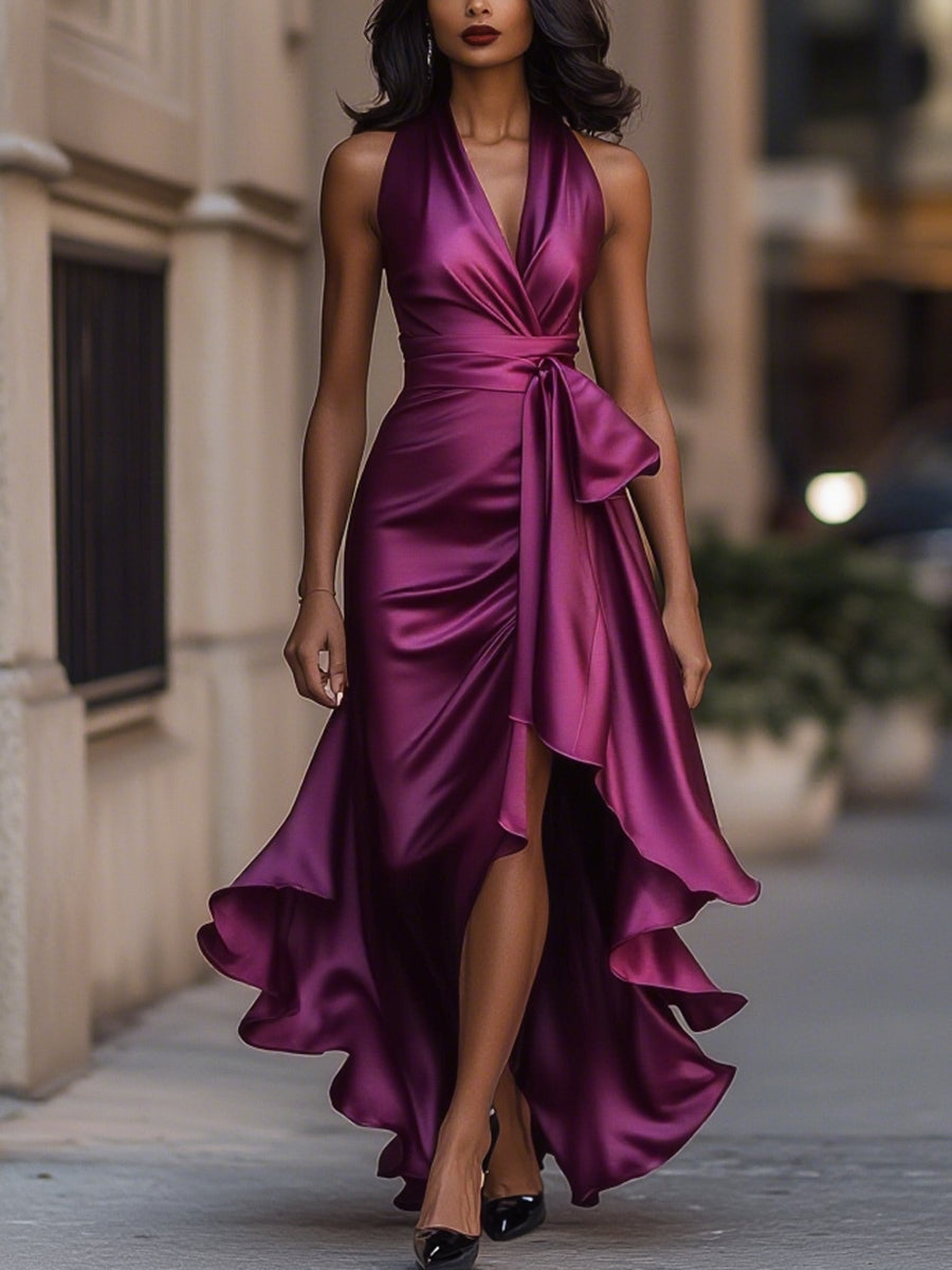 Long women's elegant wrap maxi dress, deep V-neck, luxurious for evening wear, galas & formal parties.
