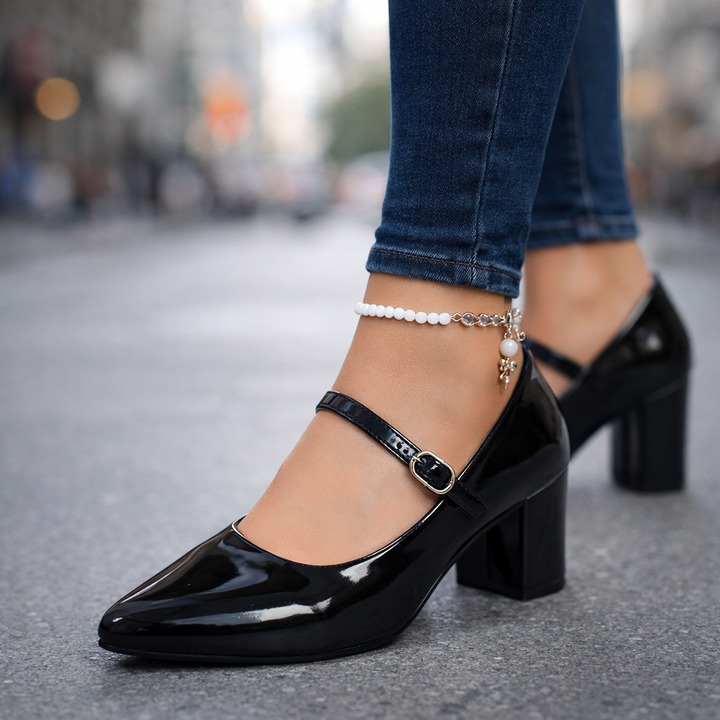 Pink glossy block heel Mary Jane pumps, comfortable women's evening and dress shoes.