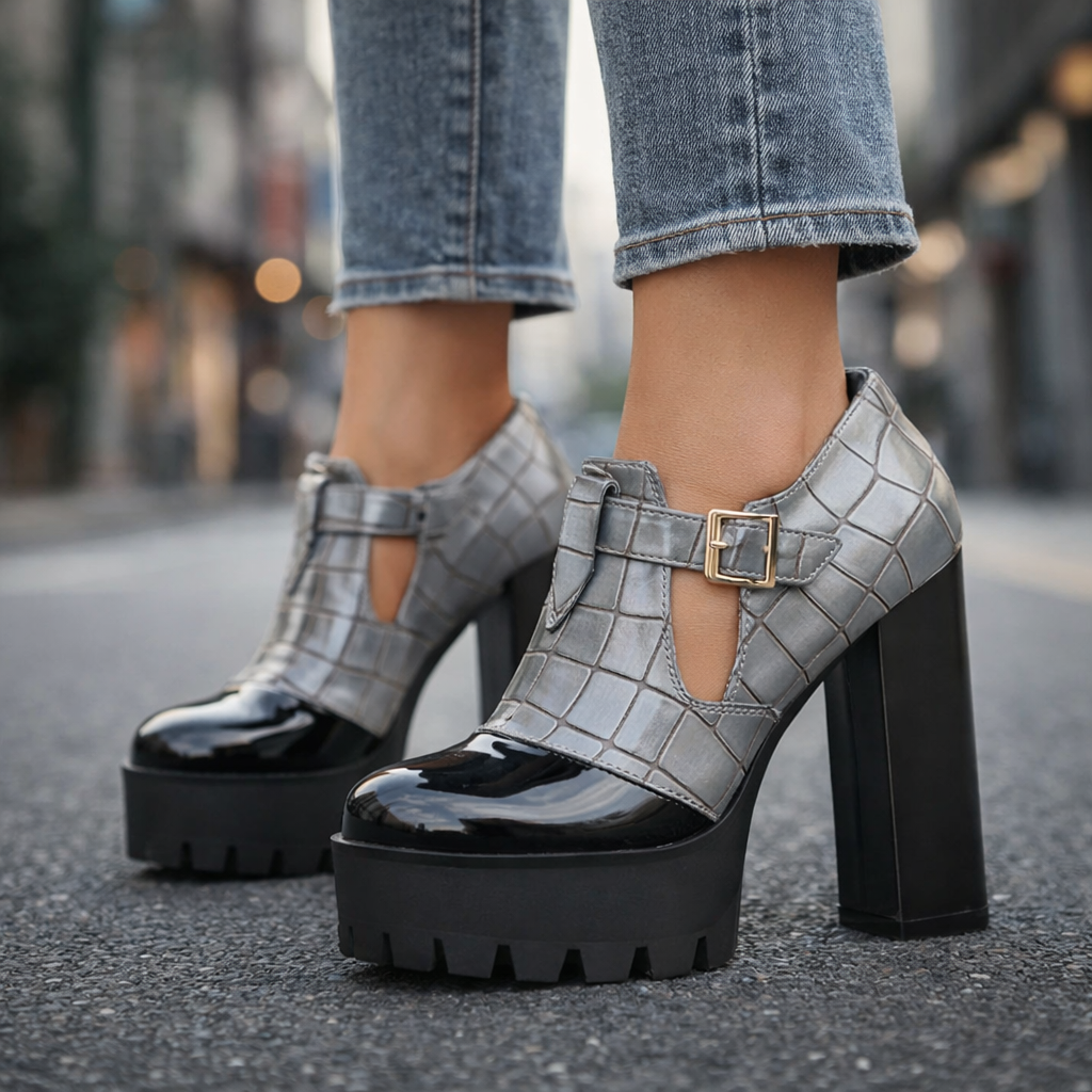 Elegant women's dress shoes: glossy platform heels with a chic cutout pattern and comfortable, stable block heel.