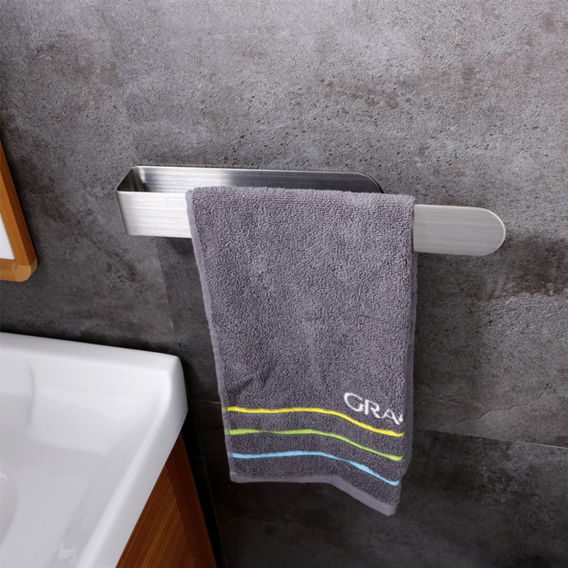 Gold stainless steel towel rack, adhesive, keeps towels neat in kitchens & baths.