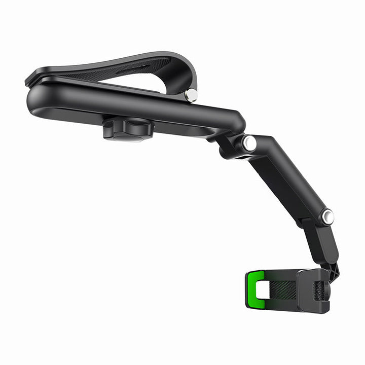Phone mounted on a car sun visor holder, 360° rotation feature for various angles.