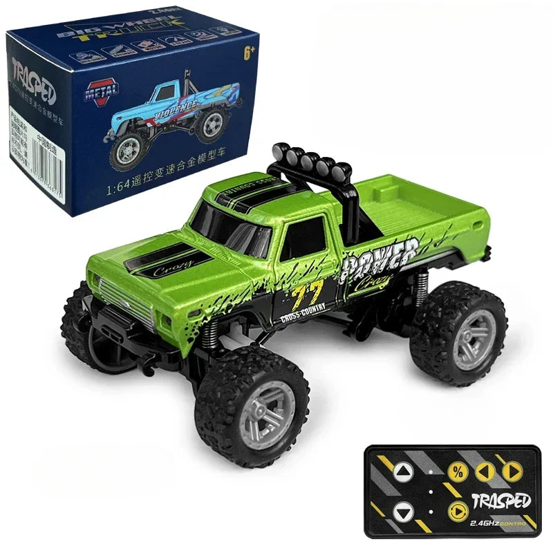 Green off-road toy RC car, a kids' all-terrain mini crawler truck designed for rugged remote control adventures.