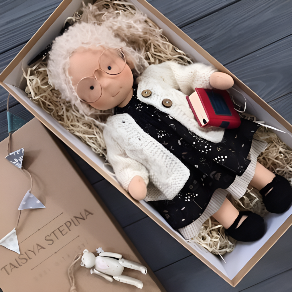 Handmade Waldorf doll, soft natural cuddly playmate for kids.