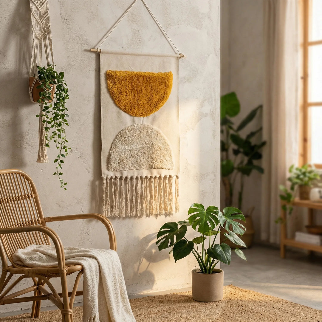 Modern geometric wall decor: Handwoven tapestry with unique Flowique wave pattern, bohemian fringe.