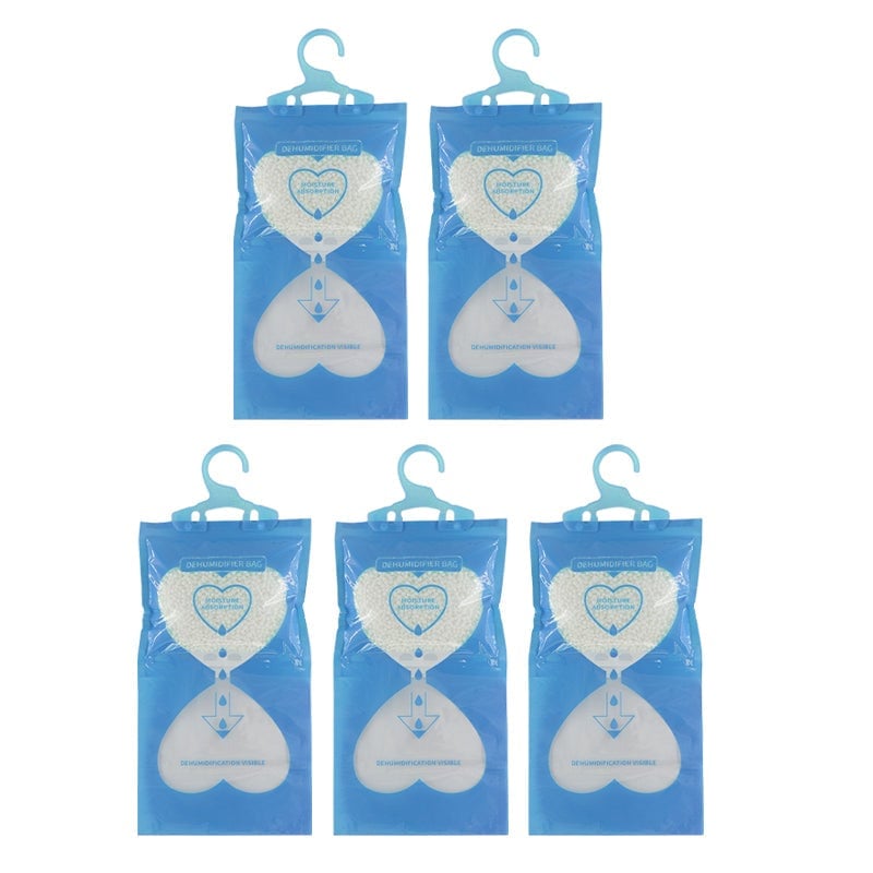 Closet dehumidifier with integrated hook, for convenient moisture absorption and odor removal.