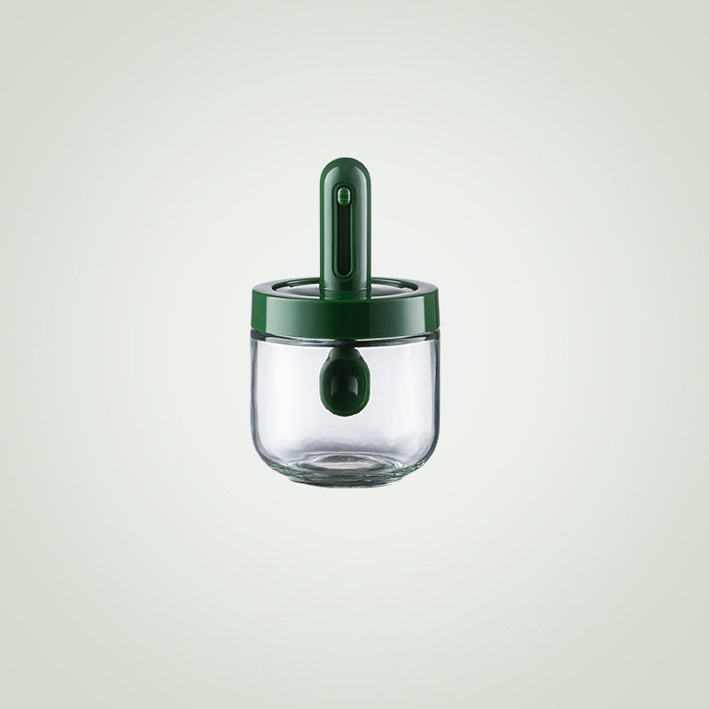 Glass seasoning bottle with integrated spoon, perfect storage container for kitchen spices